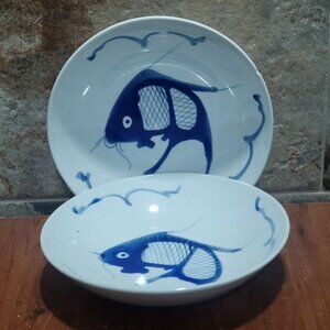 Vintage Chinese Hand Painted Porcelain Plate Bowl Cobalt Blue Koi Fish Set of 2